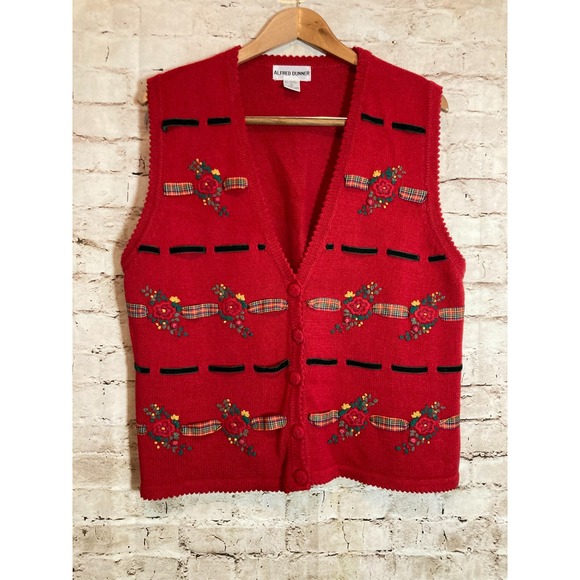 Vintage Alffred Dunner Sweater Vest Womens XL Christmas Holiday Hand Embroidered - Picture 1 of 11